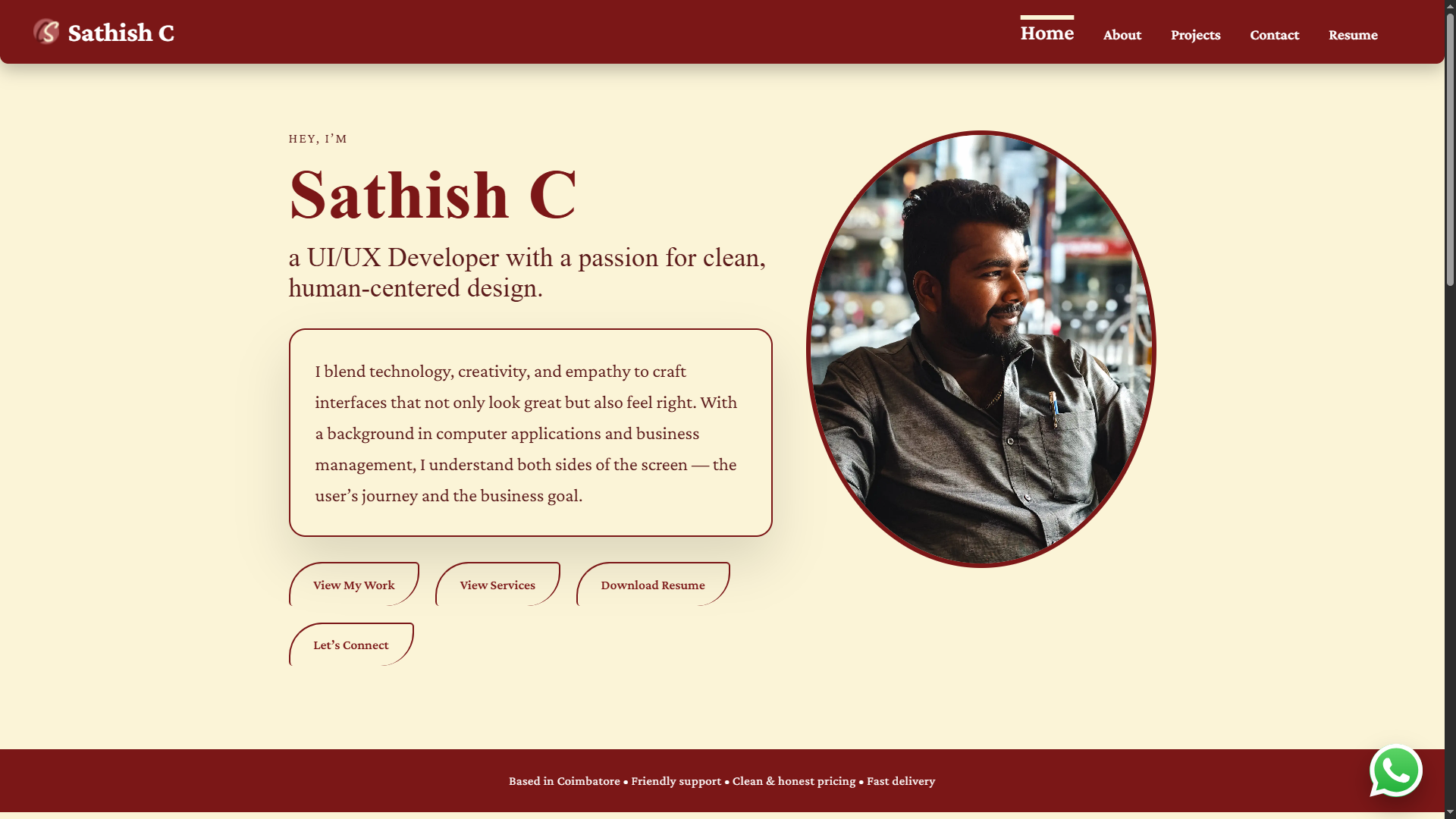 Sathish's portfolio — homepage mockup